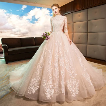 Eleganckie Szampan Suknie Ślubne 2019 Princessa Wysokiej Szyi Z Koronki Kwiat 1 2 Rękawy Bez Pleców Trenem Katedra