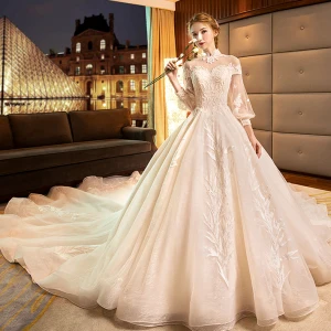 Luksus Champagne Brudekjoler 2019 Prinsesse Høy Hals Blonder Blomst Langermede Ryggløse Royal Train