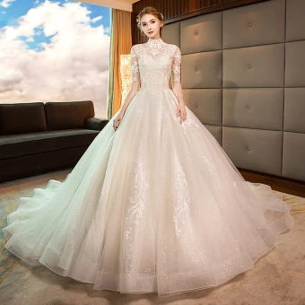 Elegant Champagne Wedding Dresses 2019 A Line Princess High Neck Lace Flower 3 4 Sleeve Backless Royal Train