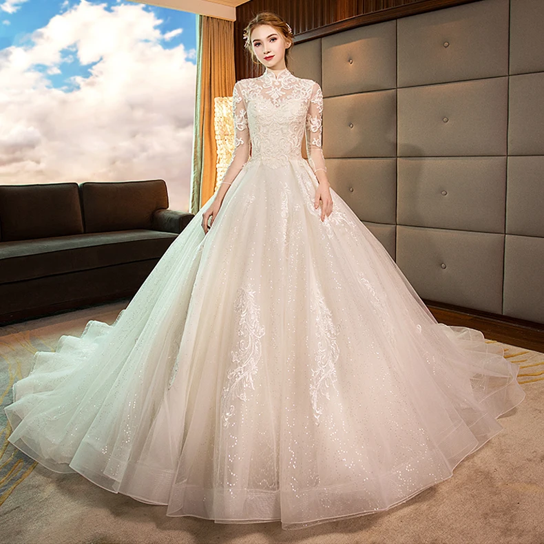 open lace back dress Marjolaine High-neck Princess Wedding Dress with Embellishments – Lelasilk main image 1