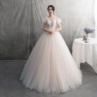 Moderne Mode Champagne Robe De Mariée 2019 Princesse Plissée Encolure Dégagée Glitter Tachetée Tulle En Dentelle Fleur Manches Courtes Dos Nu Longue