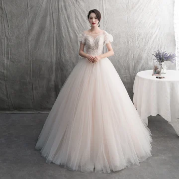Moderne Mode Champagne Robe De Mariée 2019 Princesse Plissée Encolure Dégagée Glitter Tachetée Tulle En Dentelle Fleur Manches Courtes Dos Nu Longue