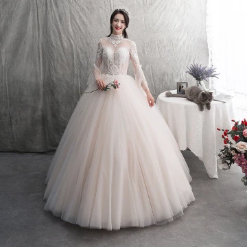 Élégant Champagne Robe De Mariée 2019 Princesse Encolure Dégagée En Dentelle Fleur Dos Nu Manches Longues Plissée Longue Mariage