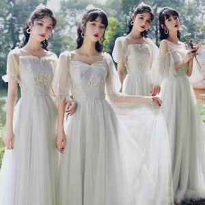 Élégant Gris Robe Demoiselle D Honneur 2021 Princesse Manches Courtes Dos Nu Appliques En Dentelle Fleur Longue Demoiselle D Honneur Robe Pour Mariage