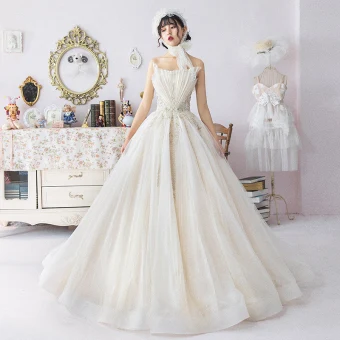 Moderne Mode Champagne Robe De Mariée 2019 Princesse Plissée Unique Bustier Perlage En Dentelle Fleur Sans Manches Dos Nu Longue