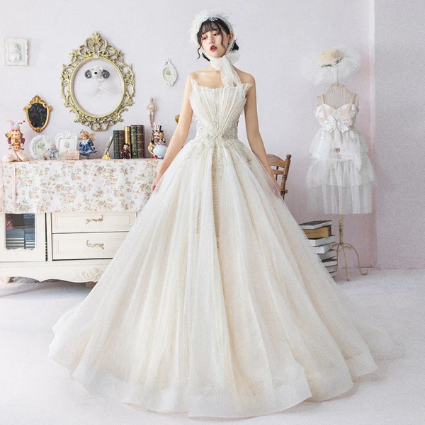 Modern / Fashion Champagne Wedding Dresses 2019 A-Line / Princess Pleated Amazing / Unique Strapless Beading Lace Flower Sleeveless Backless Floor-Length / Long