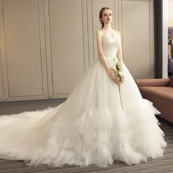 Elegant Ivory Wedding Dresses 2019 A Line Princess Sleeveless Leaf Appliques Off The Shoulder Backless Ruffle Cathedral Train Wedding