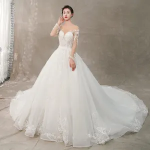 Elegant Ivory Wedding Dresses 2019 A Line Princess Scoop Neck Lace Flower Long Sleeve Backless Cathedral Train