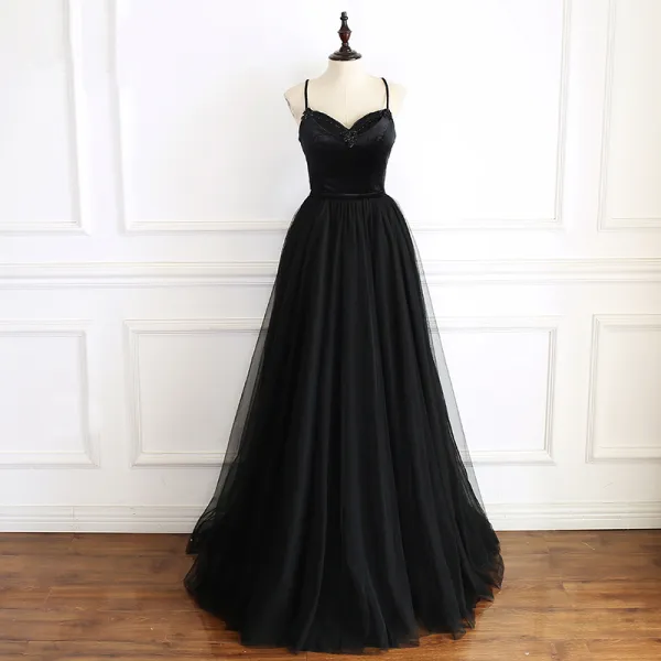 Modest / Simple Black Prom Dresses 2019 A-Line / Princess Spaghetti ...