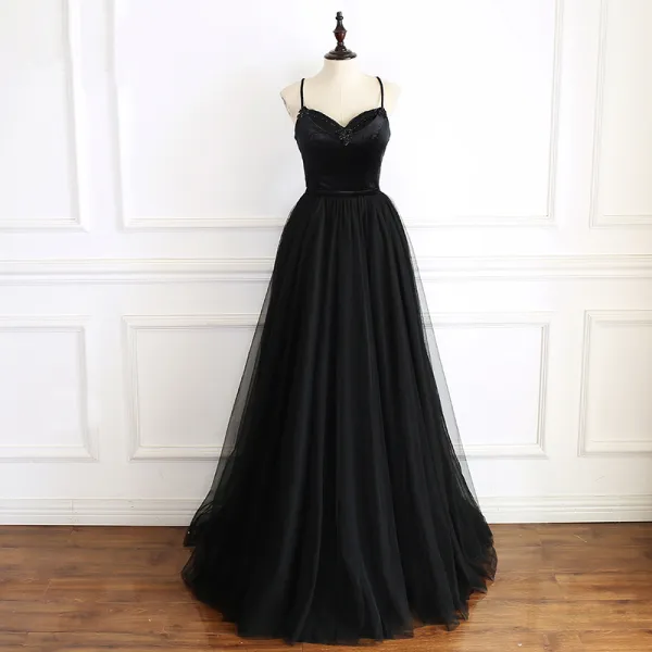 Modest / Simple Black Prom Dresses 2019 A-Line / Princess Spaghetti Straps Beading Sleeveless Backless Bow Floor-Length / Long Formal Dresses