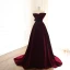 Chic / Beautiful Burgundy Evening Dresses  2019 A-Line / Princess Suede Strapless Bow Sleeveless Backless Court Train Formal Dresses