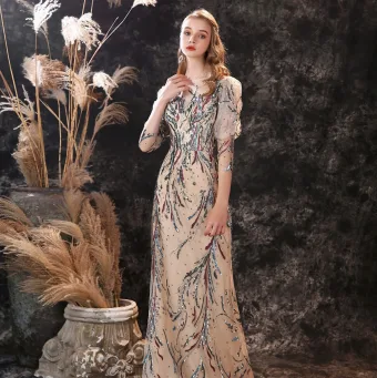 Haut De Gamme Champagne Robe De Soirée 2021 Trompette Sirène Encolure Dégagée Perlage Paillettes En Dentelle Fleur 3 4 Manches Longue Soirée Robe De Ceremonie