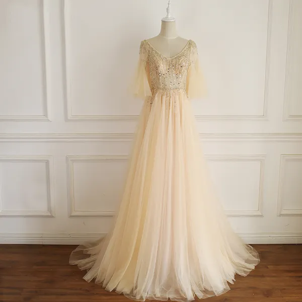 Chic / Beautiful Champagne Evening Dresses  2019 A-Line / Princess V-Neck Beading Pearl Rhinestone Bell sleeves Backless Sweep Train Formal Dresses