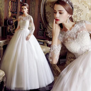 Chic Ivoire Robe De Mariée 2019 Princesse Encolure Dégagée Perle Paillettes En Dentelle Fleur Manches Longues Dos Nu Noeud Ceinture Longue