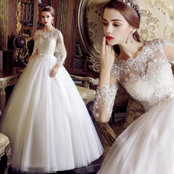 Classy Ivory Wedding Dresses 2019 A Line Princess Scoop Neck Pearl Sequins Lace Flower Long Sleeve Backless Bow Sash Floor Length Long