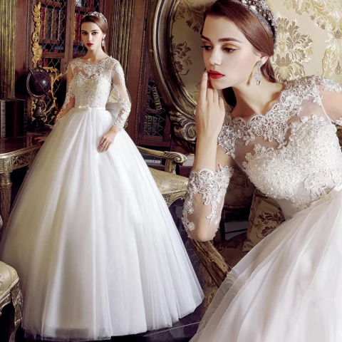 Chic Ivoire Robe De Mariée 2019 Princesse Encolure Dégagée Perle Paillettes En Dentelle Fleur Manches Longues Dos Nu Noeud Ceinture Longue