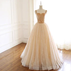 Luksus Gull Ballkjoler 2019 Prinsesse Suede Spaghettistropper Beading Uten Ermer Ryggløse Lange Formelle Kjoler