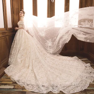 Luxe Champagne Robe De Mariée 2019 Princesse De L Épaule Perlage Fleur En Dentelle Manches Courtes Dos Nu Royal Train