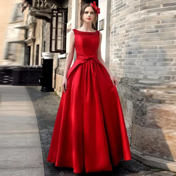 Vintage / Retro Red Maxi Dresses 2019 A-Line / Princess Scoop Neck Sleeveless Bow Backless Floor-Length / Long Womens Clothing