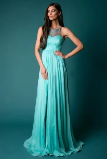 Mooie Prachtige Blauw Maxi Jurken 2019 A Lijn Kant Ronde Hals Mouwloos Ruglooze Split Voorzijde Lange Dameskleding