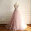 Chic / Beautiful Blushing Pink Prom Dresses 2018 A-Line / Princess Lace Appliques Beading Pearl Rhinestone Scoop Neck Sleeveless Sweep Train Formal Dresses