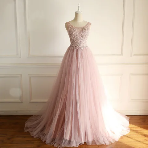 Hermoso Rosa Clara Vestidos de gala 2018 A-Line / Princess Con Encaje Apliques Rebordear Perla Rhinestone Scoop Escote Sin Mangas Colas De Barrido Vestidos Formales