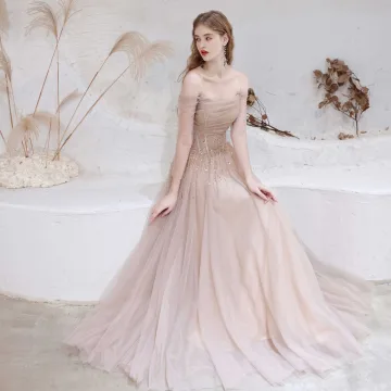 Charmant Rougissant Rose Robe De Soirée 2021 Princesse De L 039 Épaule Perlage Étoile Paillettes 3 4 Manches Dos Nu Longue Robe De Ceremonie