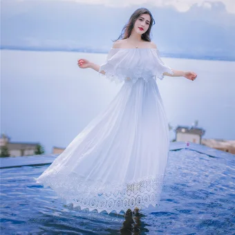 Modest Simple White Honeymoon Maxi Dresses 2019 A Line Princess Off The Shoulder Lace Pleated Short Sleeve Floor Length Long Womens Clothing