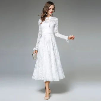 Modest Simple Ivory Casual Maxi Dresses 2019 A Line Princess Scoop Neck Ruffle Long Sleeve Tea Length Womens Clothing