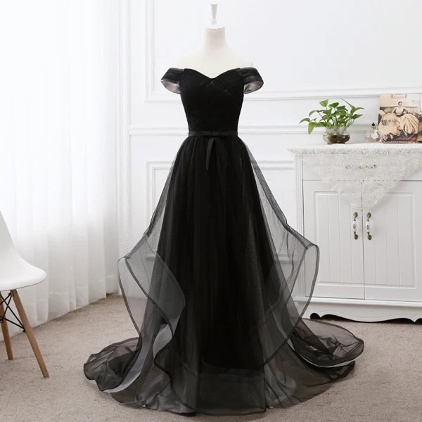 Elegant Black Prom Dresses 2019 A-Line / Princess Off-The-Shoulder Short Sleeve Backless Bow Court Train Formal Dresses