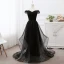 Elegant Black Prom Dresses 2019 A-Line / Princess Off-The-Shoulder Short Sleeve Backless Bow Court Train Formal Dresses
