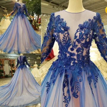 Chic Beautiful Royal Blue Evening Dresses 2019 A Line Princess Scoop Neck Lace Flower Appliques Beading Crystal 3 4 Sleeve Chapel Train Formal Dresses