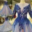 Chic / Beautiful Royal Blue Evening Dresses  2019 A-Line / Princess Scoop Neck Lace Flower Appliques Beading Crystal 3/4 Sleeve Chapel Train Formal Dresses