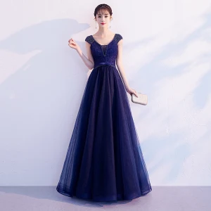 Élégant Bleu Marine Robe De Soirée 2019 Princesse V Cou Perlage Fleur En Dentelle Noeud Sans Manches Dos Nu Longue Robe De Ceremonie