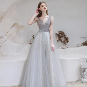 Mode Gris Robe De Soirée 2021 Princesse V Cou Perlage Faux Diamant Paillettes Manches Courtes Dos Nu Longue Robe De Ceremonie