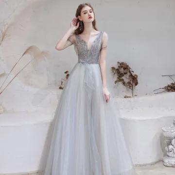 Fashion Grey Evening Dresses 2021 A Line Princess V Neck Beading Rhinestone Sequins Short Sleeve Backless Floor Length Long Formal Dresses