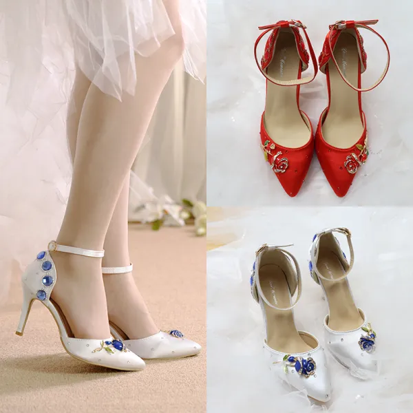 Charming Ivory Wedding Shoes 2019 Rhinestone Ankle Strap 8 cm Stiletto Heels Pointed Toe Wedding High Heels