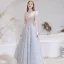 Sexy Silver Prom Dresses 2021 A-Line / Princess High Neck Beading Rhinestone Lace Flower Sleeveless Backless Floor-Length / Long Formal Dresses