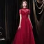 Élégant Bordeaux Robe De Soirée 2021 Princesse Col Haut Perlage Paillettes Manches Courtes Dos Nu Longue Robe De Ceremonie