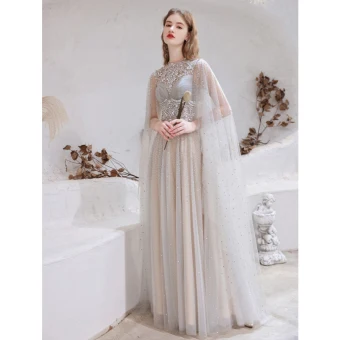 Charmant Haut De Gamme Gris Robe De Soirée 2021 Princesse Encolure Dégagée Perlage Faux Diamant Paillettes Sans Manches Longue Soirée Robe De Ceremonie