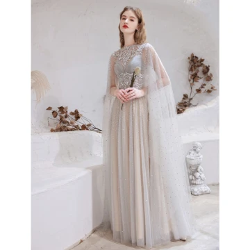 Charmant Haut De Gamme Gris Robe De Soirée 2021 Princesse Encolure Dégagée Perlage Faux Diamant Paillettes Sans Manches Longue Soirée Robe De Ceremonie
