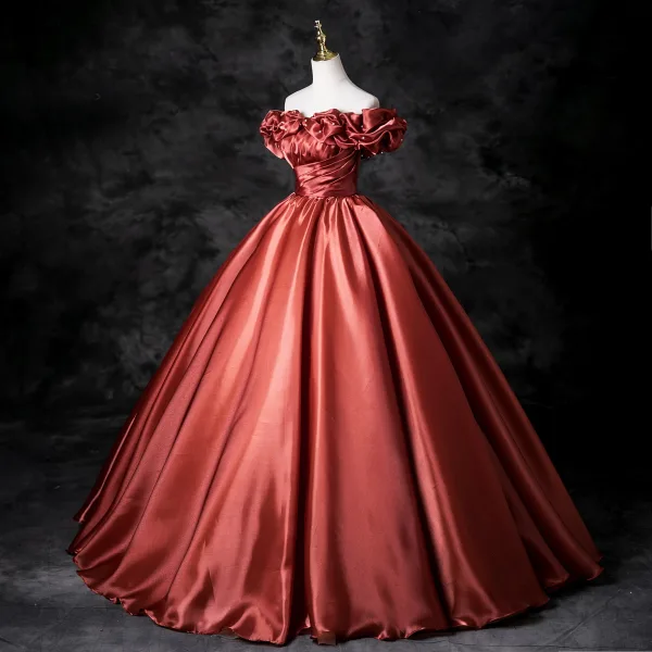 Elegant Watermelon Prom Dresses 2025 Ball Gown Off-The-Shoulder Ruffle Short Sleeve Backless Floor-Length / Long Prom Formal Dresses