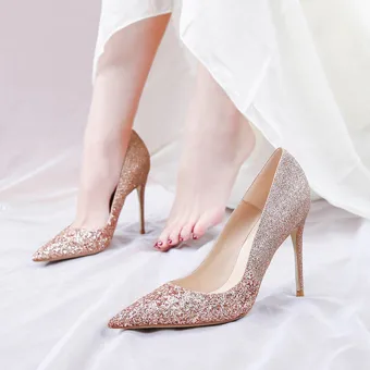 Scintillantes Champagne Paillettes Chaussure De Mariée 2021 Cuir 10 Cm Talons Aiguilles À Bout Pointu Mariage Escarpins Talons Hauts