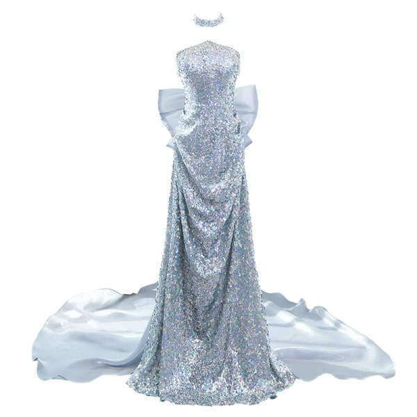 Scintillantes Sexy Argenté Perlage Perle Paillettes Robe De Soirée 2024 Trompette / Sirène Bustier Sans Manches Dos Nu Noeud Longue Soirée