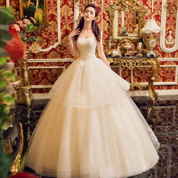 Charmant Champagne Robe De Mariée 2019 Robe Boule Bustier Perlage Paillettes En Dentelle Fleur Sans Manches Dos Nu Longue