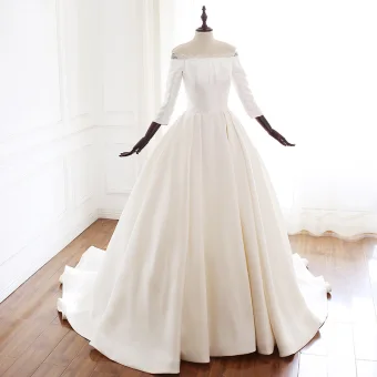 Vintage Retro Ivory Audrey Hepburn Style Wedding Dresses 2019 A Line Princess Off The Shoulder 3 4 Sleeve Backless Court Train
