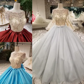 Sparkly Vintage Retro Grey Handmade Beading Prom Dresses 2019 Ball Gown Scoop Neck Crystal Pearl Sequins Short Sleeve Backless Bow Cathedral Train Formal Dresses