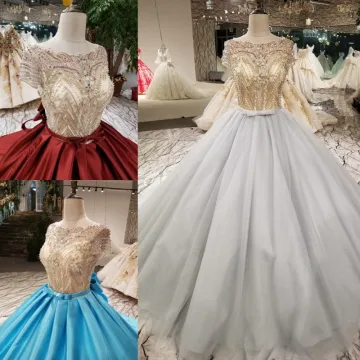 Sparkly Vintage Retro Grey Handmade Beading Prom Dresses 2019 Ball Gown Scoop Neck Crystal Pearl Sequins Short Sleeve Backless Bow Cathedral Train Formal Dresses
