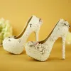 Chic / Beautiful White Handmade  Wedding Shoes 2019 Pearl Flower 14 cm Stiletto Heels Round Toe Wedding Pumps