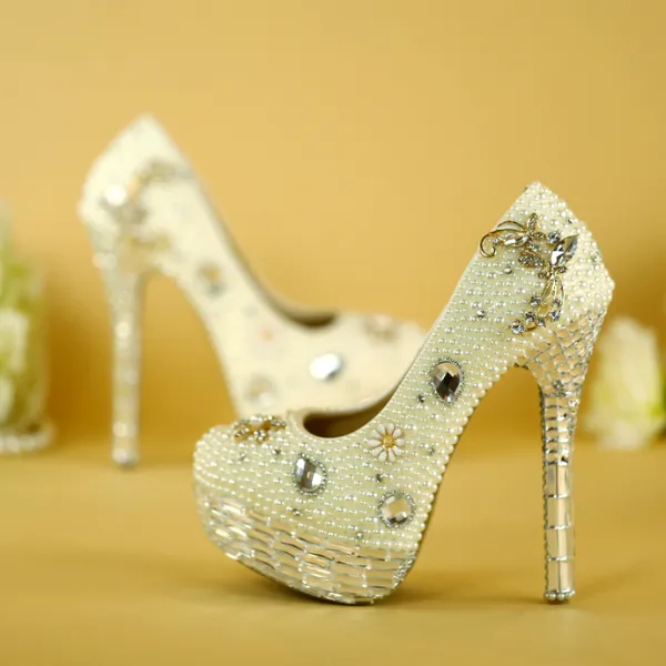 Chic / Beautiful White Wedding Shoes 2019 Crystal Pearl Rhinestone 14 cm Stiletto Heels Round Toe Wedding Pumps